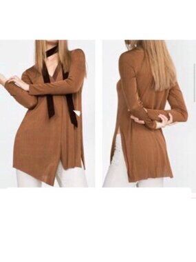 Zara | W&B Collection Asymmetrical Tunic Long Sleeve Surplice Wrap Top Brown